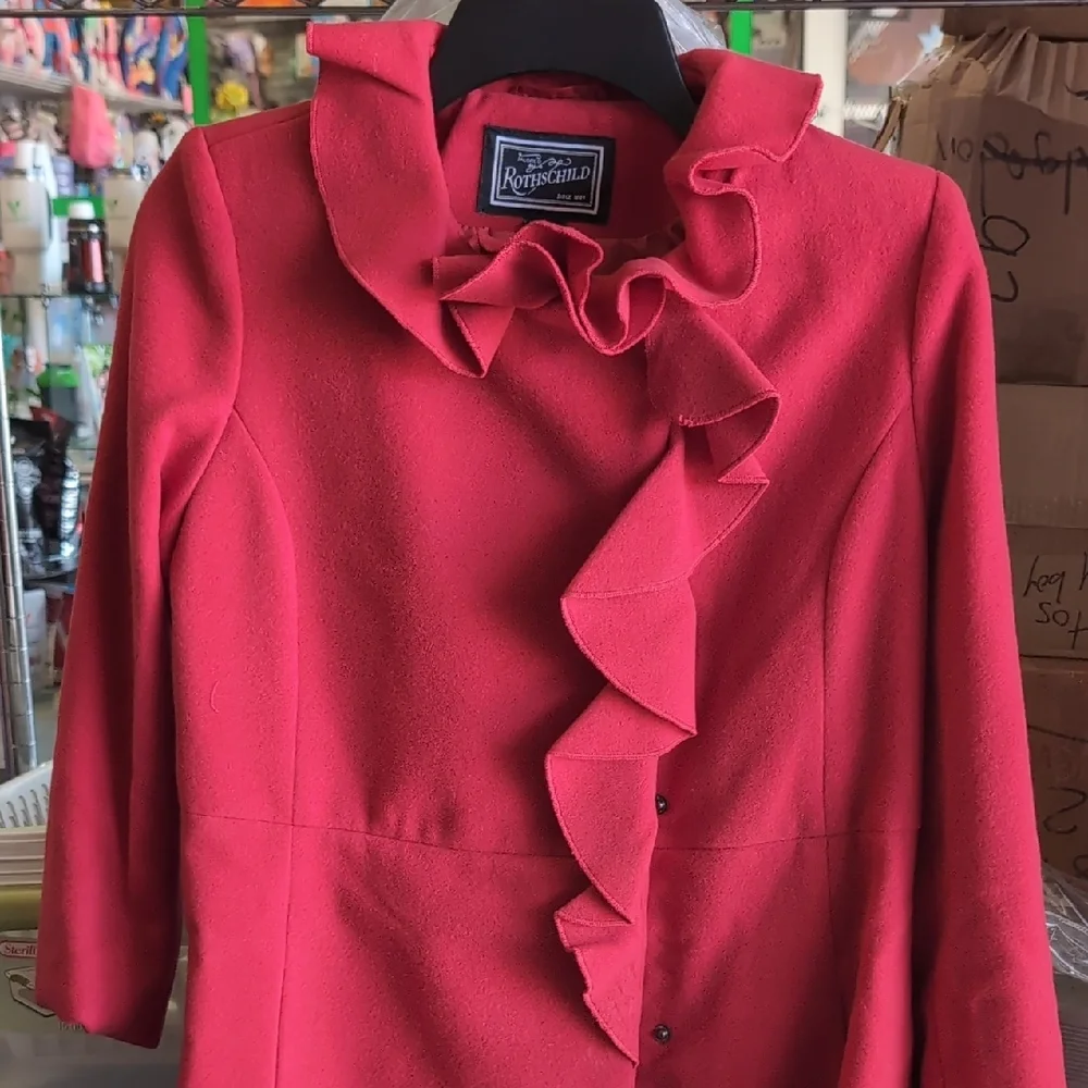 Rothschild Red Trench Coat with High Collar and Ruffle - Picture 2 of 7